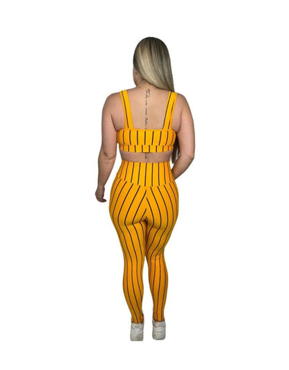 Conjunto Calça Básica Listrada - Amarelo com Preto