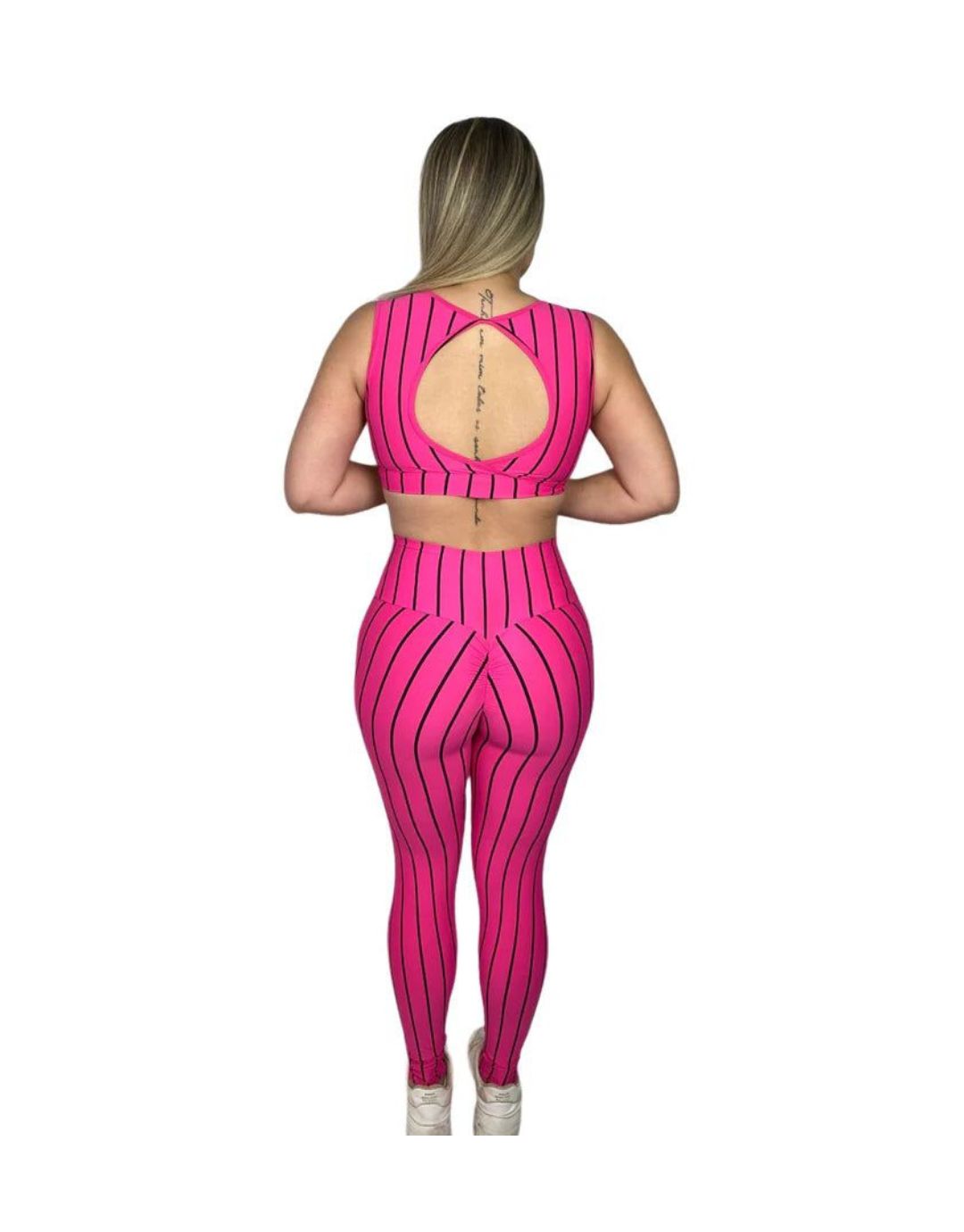 Conjunto Calça Empina Listrada - Rosa com Preto