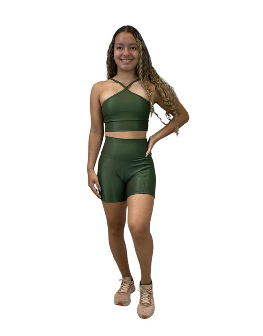 Conjunto Short Basico Aveludado de Compressão com Bolso - Verde Militar