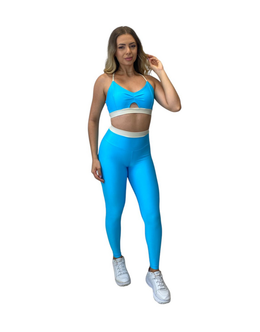 Conjunto Calça Básica Aveludado de Compressão - Azul Céu com Off White