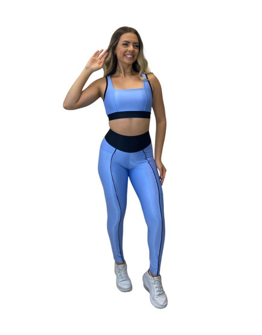 Conjunto Calça Básica Com Bolso Aveludado de Compressão - Azul Bebê Vivo Preto