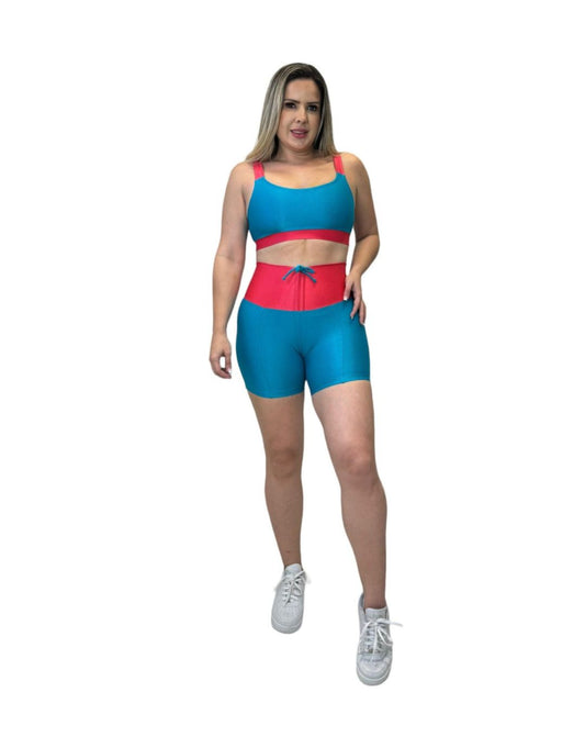 Conjunto Short Empina -  Aveludado de Compressão - Turquesa e Melancia