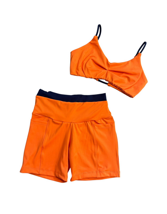 Conjunto Short Básico com Bolso Max Poliamida - Laranja e Azul Marinho