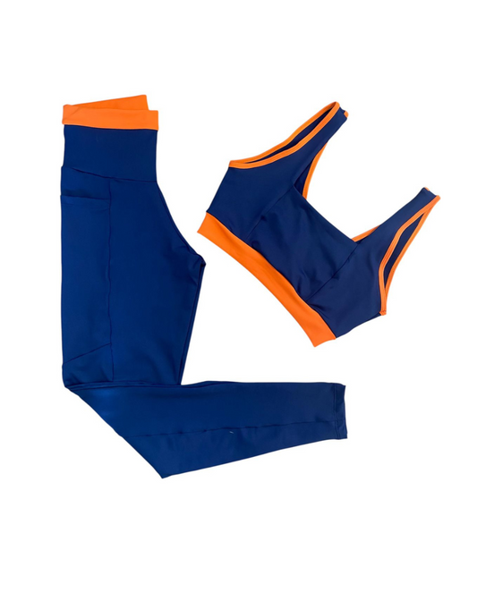 Conjunto Calça Básica Com Bolso Max Poliamida - Azul Marinho e Laranja