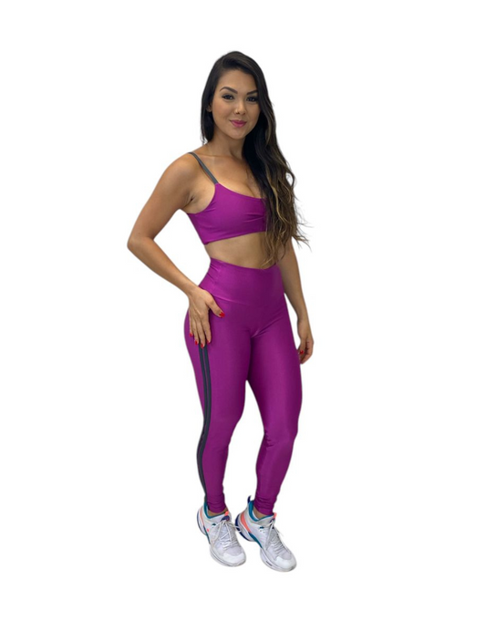 Conjunto Calça Básica Aveludado de Compressão Line - Fucsia e Cinza Chumbo