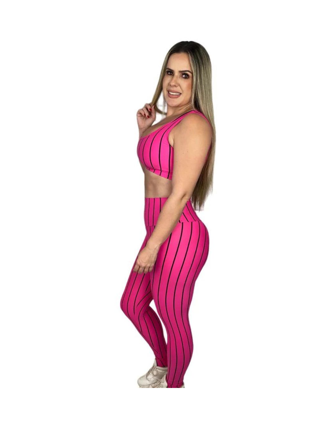 Conjunto Calça Básica Listrada - Rosa com Preto