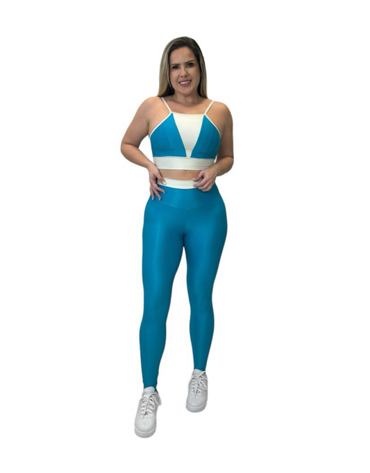 Conjunto Calça Básica Aveludado de Compressão - Turquesa e Off White