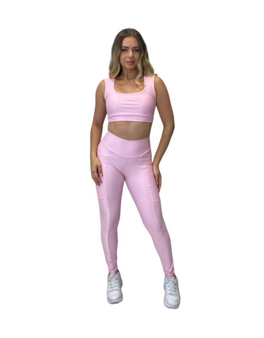 Conjunto Calça Básica Com Bolso Aveludado de Compressão - Rosa Bebê