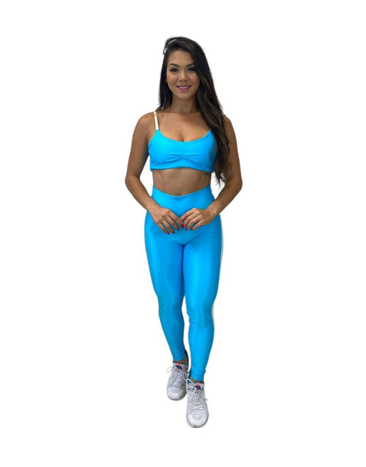 Conjunto Calça Básica Aveludado de Compressão Line - Azul Céu e Off White