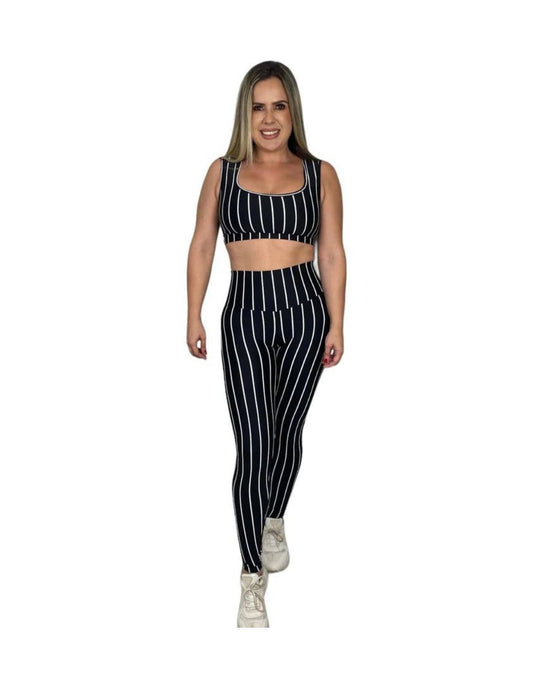 Conjunto Calça Empina Listrada - Preto com Branco