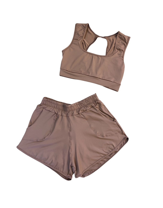 Conjunto Short Sobreposto Poliamida Light Top Vazado - Chocolate