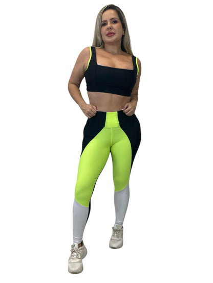 Conjunto Malu- Tricolor Preto,Amarelo Neon e Branco