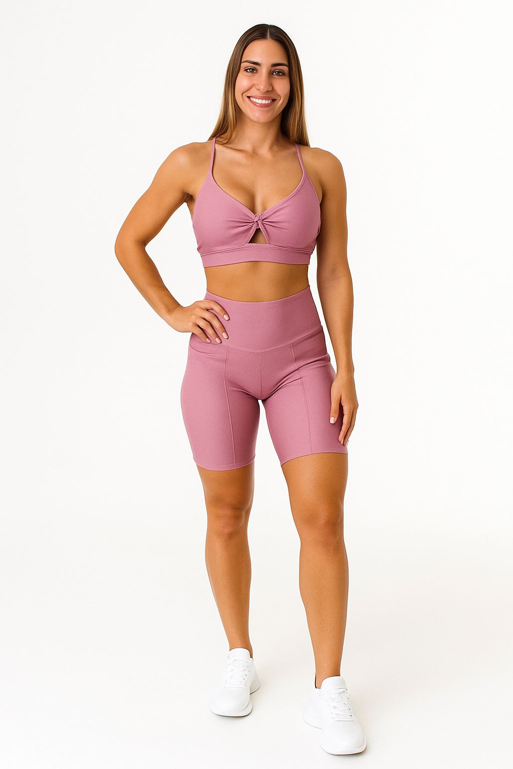 Conjunto Short Básico Com Bolso Aveludado de Compressão - Rosa Queimado