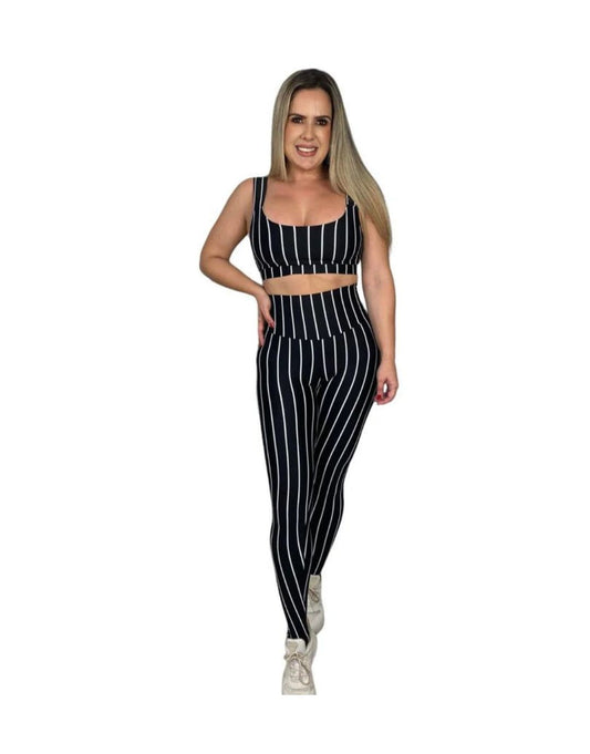 Conjunto Calça Básica Listrada - Preto com Branco