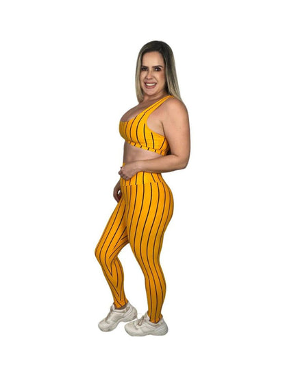 Conjunto Calça Básica Listrada - Amarelo com Preto