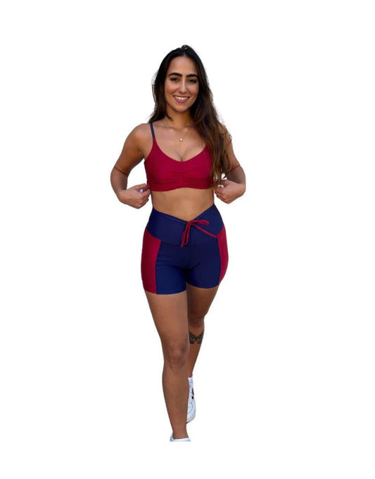 Conjunto Short Empina -  Aveludado de Compressão - Azul Marinho e Vermelho