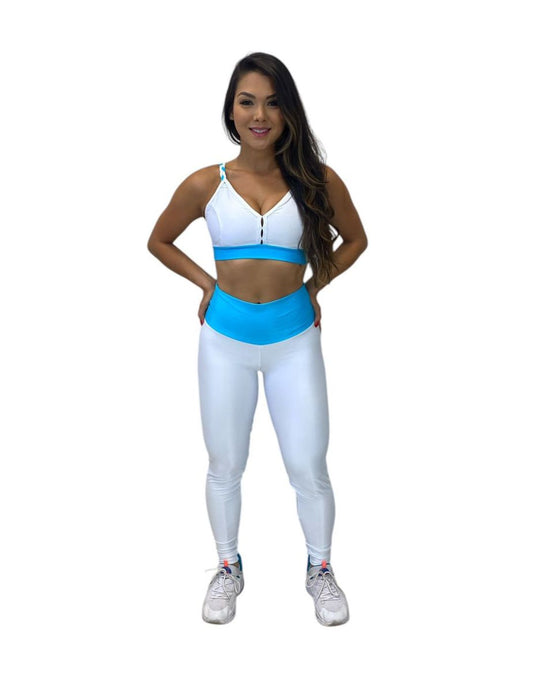 Conjunto Calça Básica Aveludado de Compressão - Branco e Azul Céu