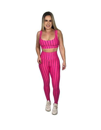 Conjunto Calça Básica Listrada - Rosa com Preto