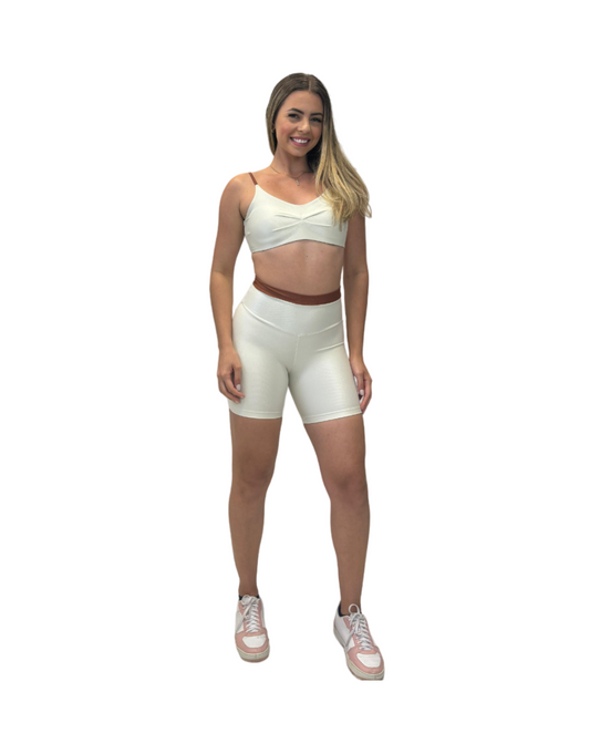 Conjunto Short Básico Aveludado de Compressão - Off White e Chocolate