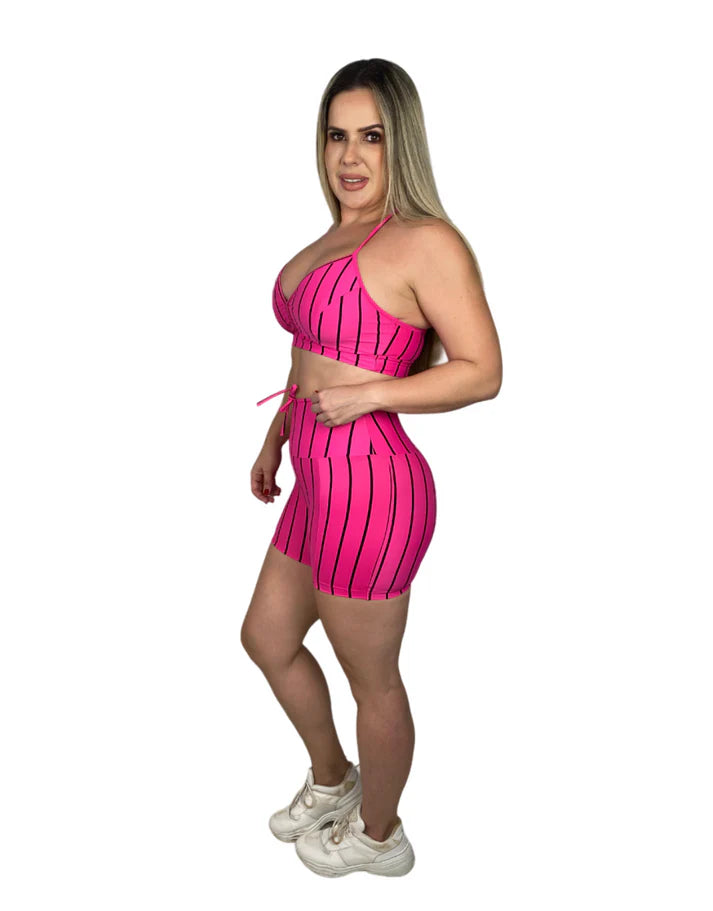 Conjunto Short Poliamida Light Básico - Listrado Rosa