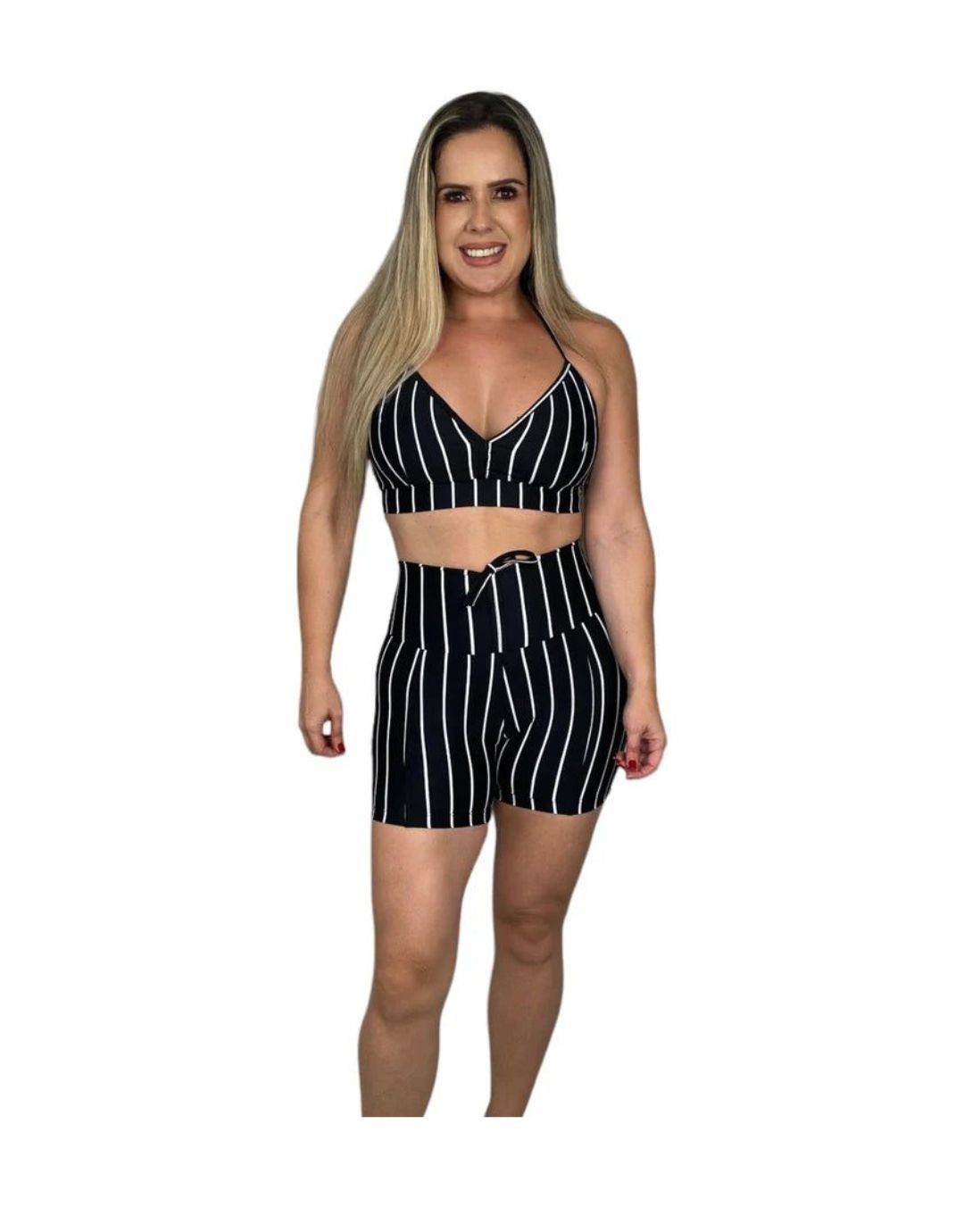 Conjunto Short Poliamida Light Básico - Listrado Preto