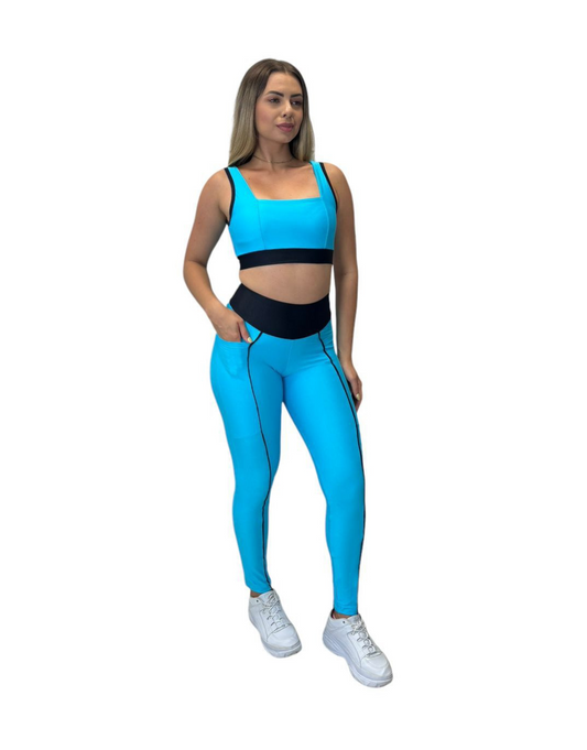 Conjunto Calça Básica Com Bolso Aveludado de Compressão - Azul Céu Vivo Preto