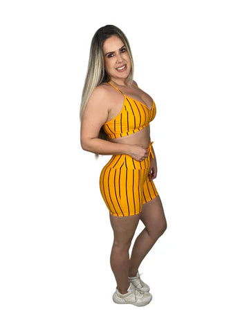 Conjunto Short Poliamida Light Básico - Listrado Amarelo