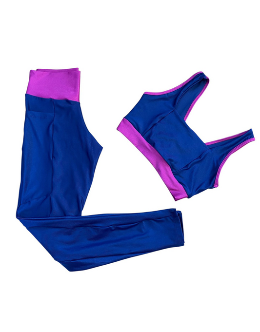 Conjunto Calça Básica Com Bolso Aveludado de Compressão - Azul Marinho e Fúcisa