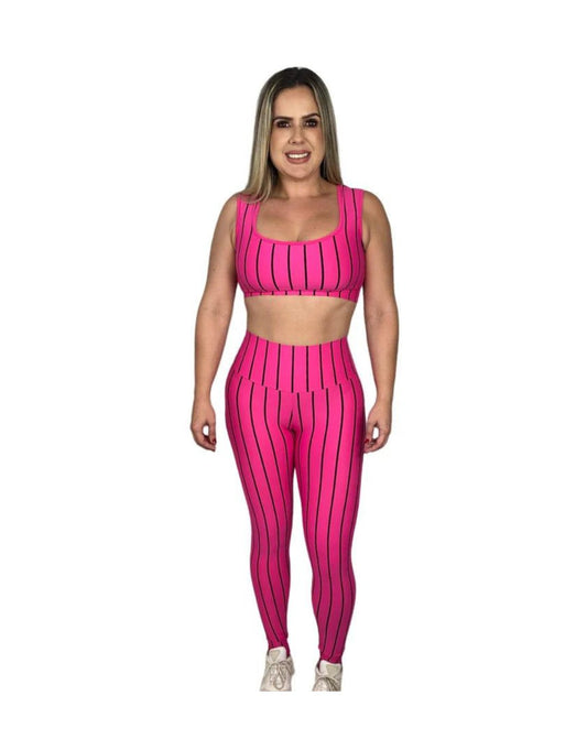 Conjunto Calça Empina Listrada - Rosa com Preto