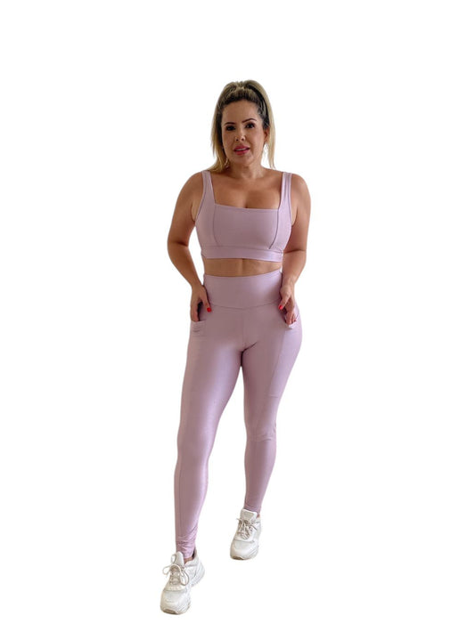 Conjunto Calça Básica Com Bolso Aveludado de Compressão - Rose