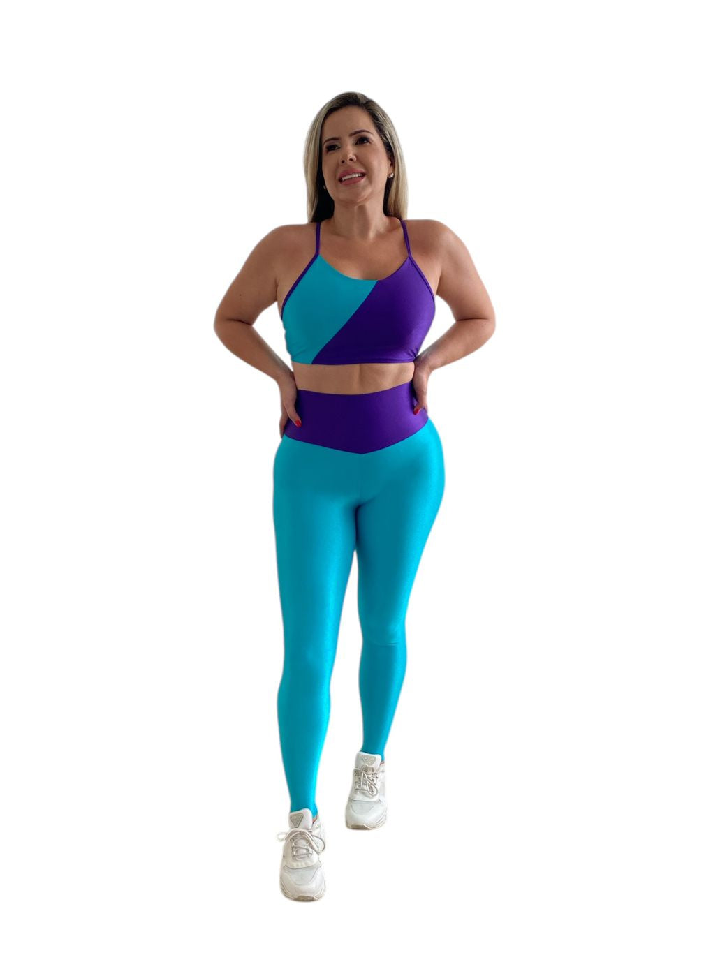 Conjunto Calça Básica Aveludado de Compressão - Turquesa com Roxo